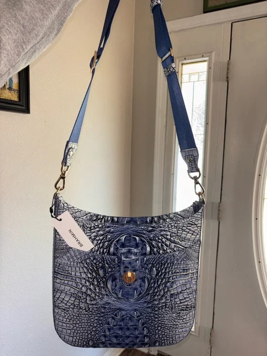 Brahmin Navy Croc-Embossed Leather Crossbody with Gold Hardware - Picture 1 of 5